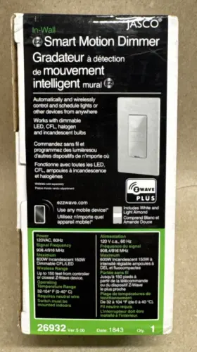 26932 Jasco Z-wave Plus Motion Sensor Dimmer Wall Switch - White New