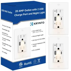 Ho-ku20t-48a Krynto Usb Outlet With Night Light 20a Manual Control Nightlights Duplex Receptacle