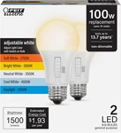 Feit Electric A19 Led Light Bulb, 100W Equivalent, Non-dimmable, 5CCT, E26 Mediu. Fixed Price $18.83.
